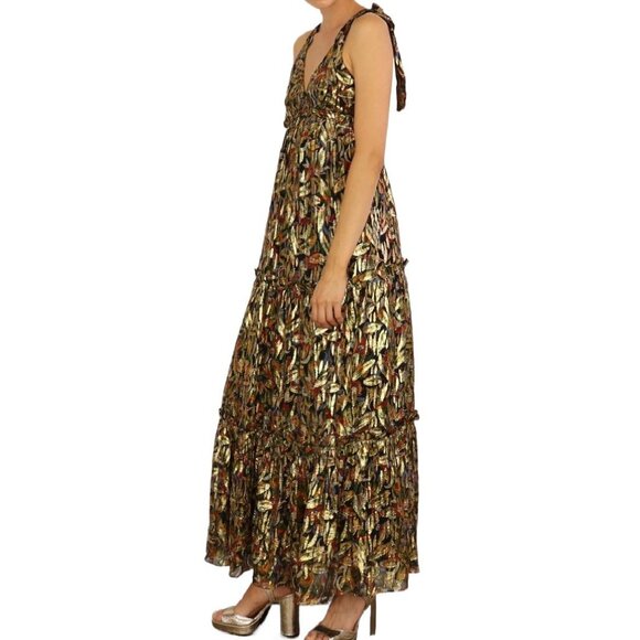 Sezane Graziella Metallic Gold Botanical Print Maxi Dress Size EU 46 / US 14 NWT - Picture 6 of 16